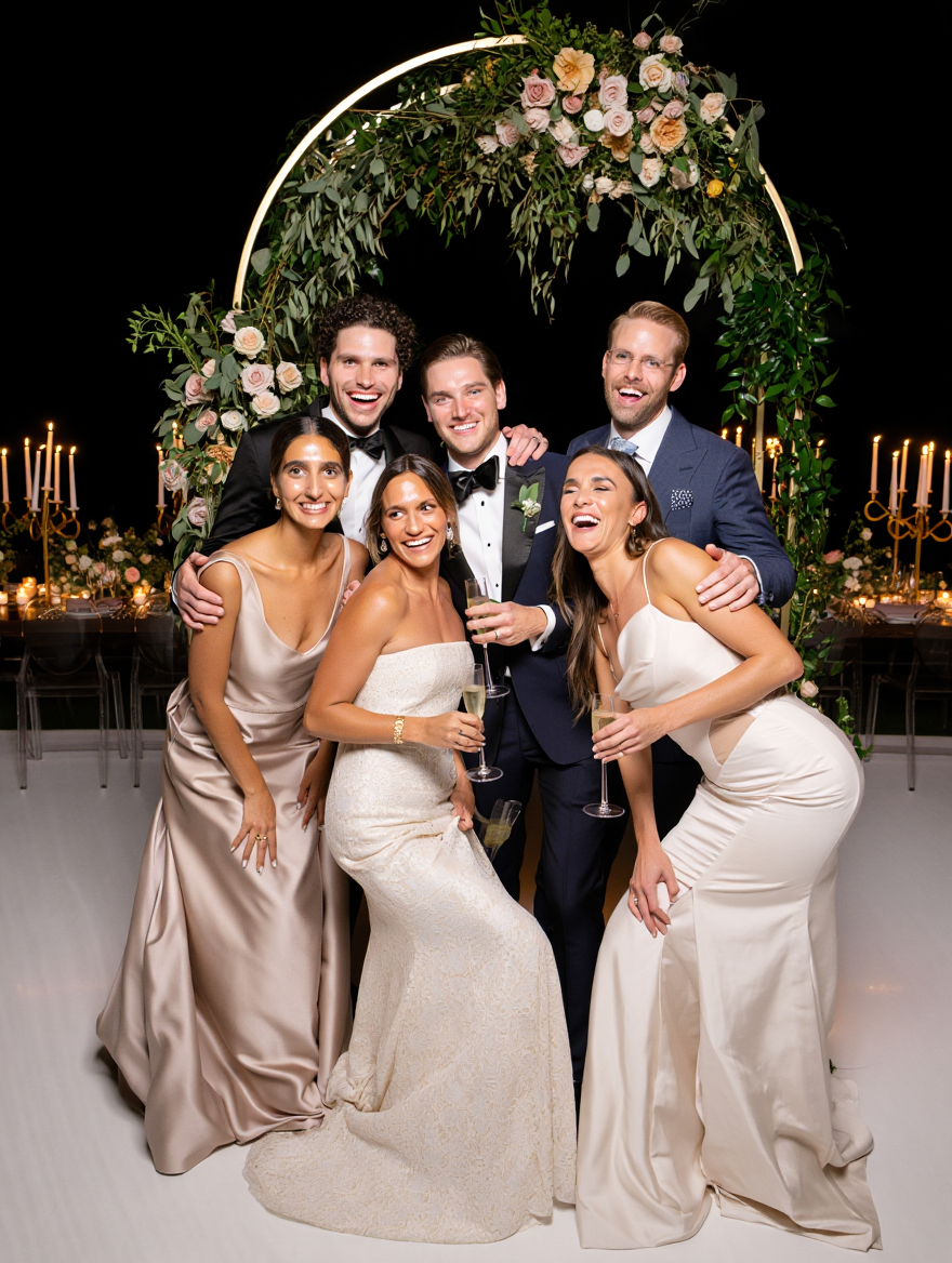 Group of six people celebrating at a wedding reception, standing in front of a floral arch with candles on a table behind them. The group includes three women in elegant dresses and three men in tuxedos, smiling and holding glasses of champagne.