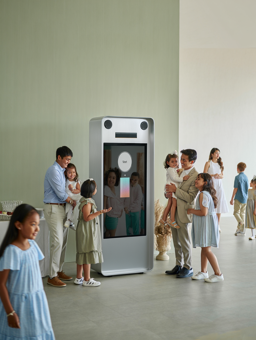 A family gathering around a humanoid robot with a large touchscreen display in a bright room with other people in the background.