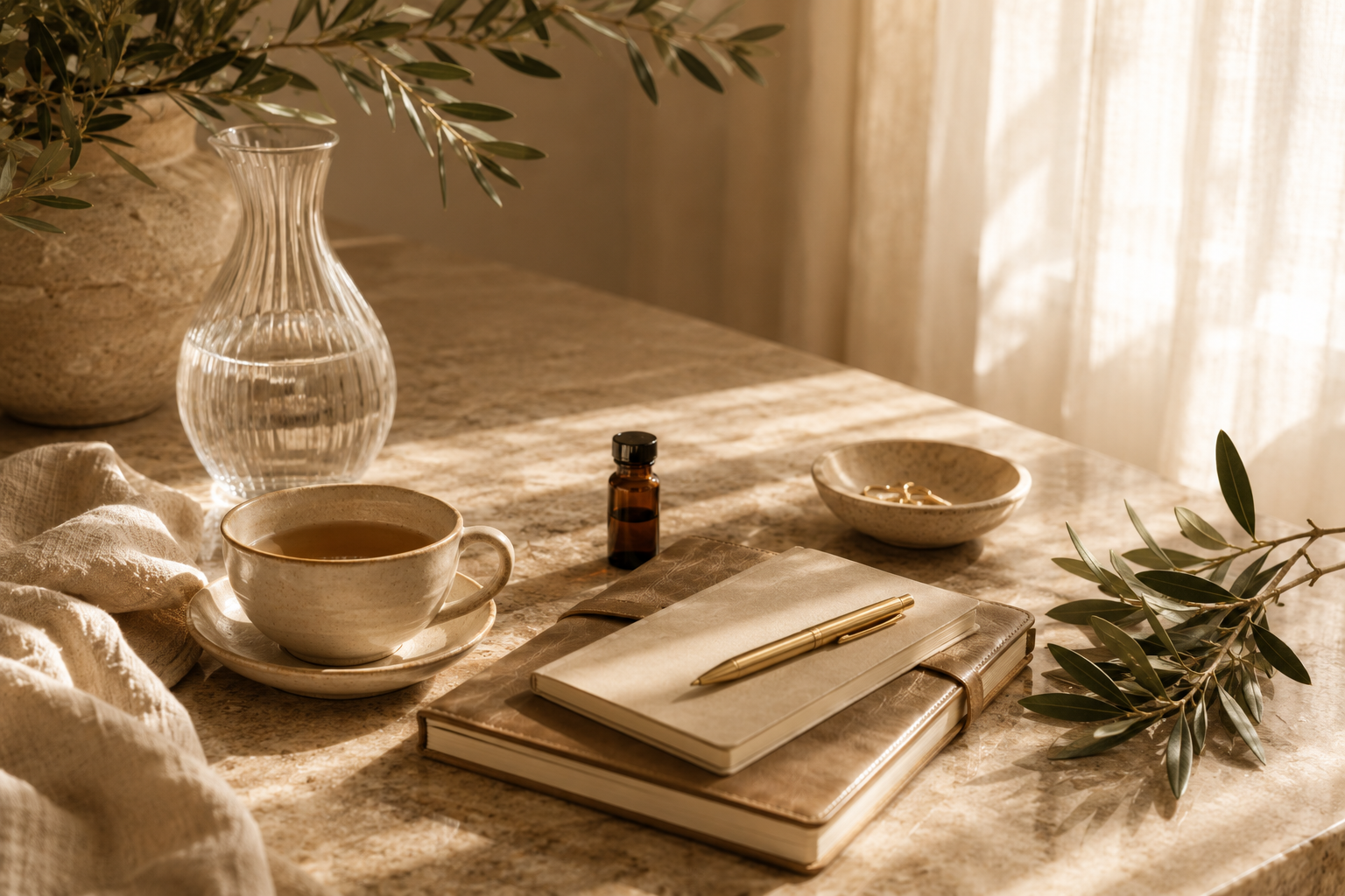 A cozy, sunlit table with a marble surface holding a cup of tea, a notebook with a pen, a small bottle, a bowl of capers or similar, a glass vase with green leaves, and a cloth, all bathed in warm sunlight.