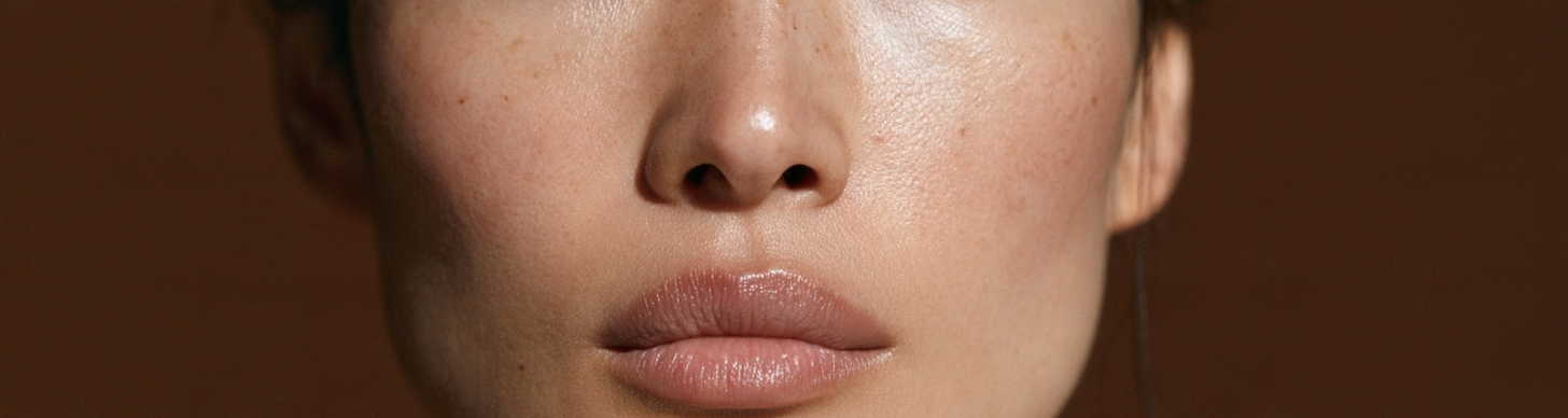 Close-up editorial portrait of an Asian woman highlighting her natural lip shape, nose, and lower facial contours.