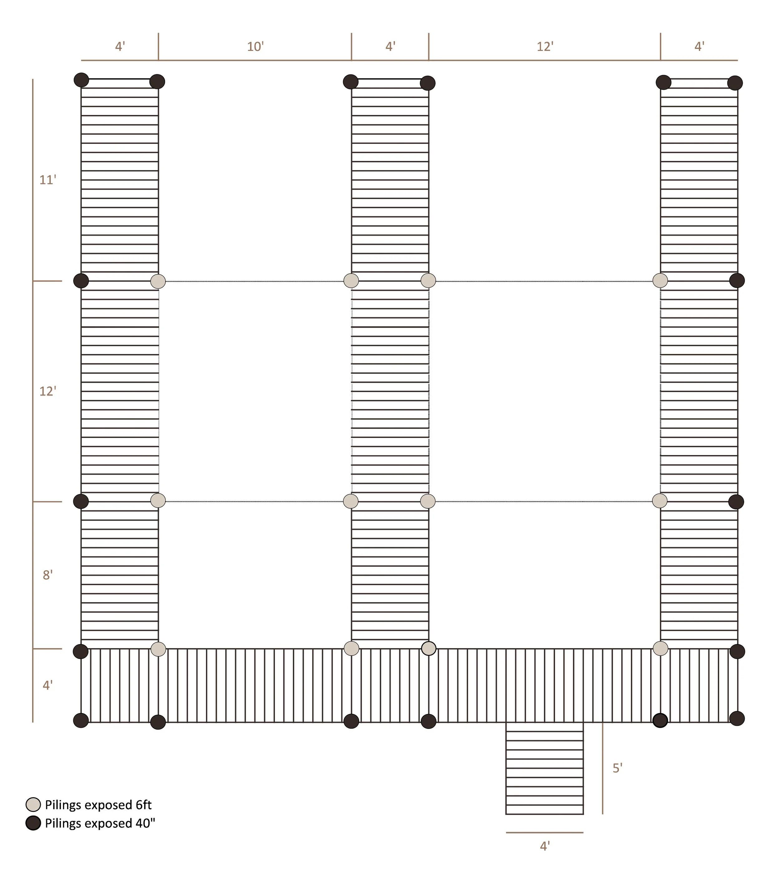 Diagram of a construction scaffold showing the layout of scaffolding with black and grey circles indicating the placement of pilings at different heights and intervals, with measurements in feet and inches.