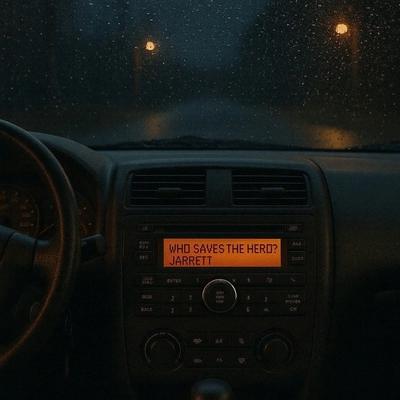 Inside a car, dashboard visible with a screen displaying the question, 'Who saves the hero? Jarrett' during a rainstorm at night.