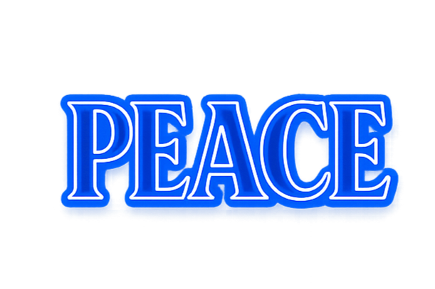 The word PEACE in bold blue text with a glow effect on a black background.
