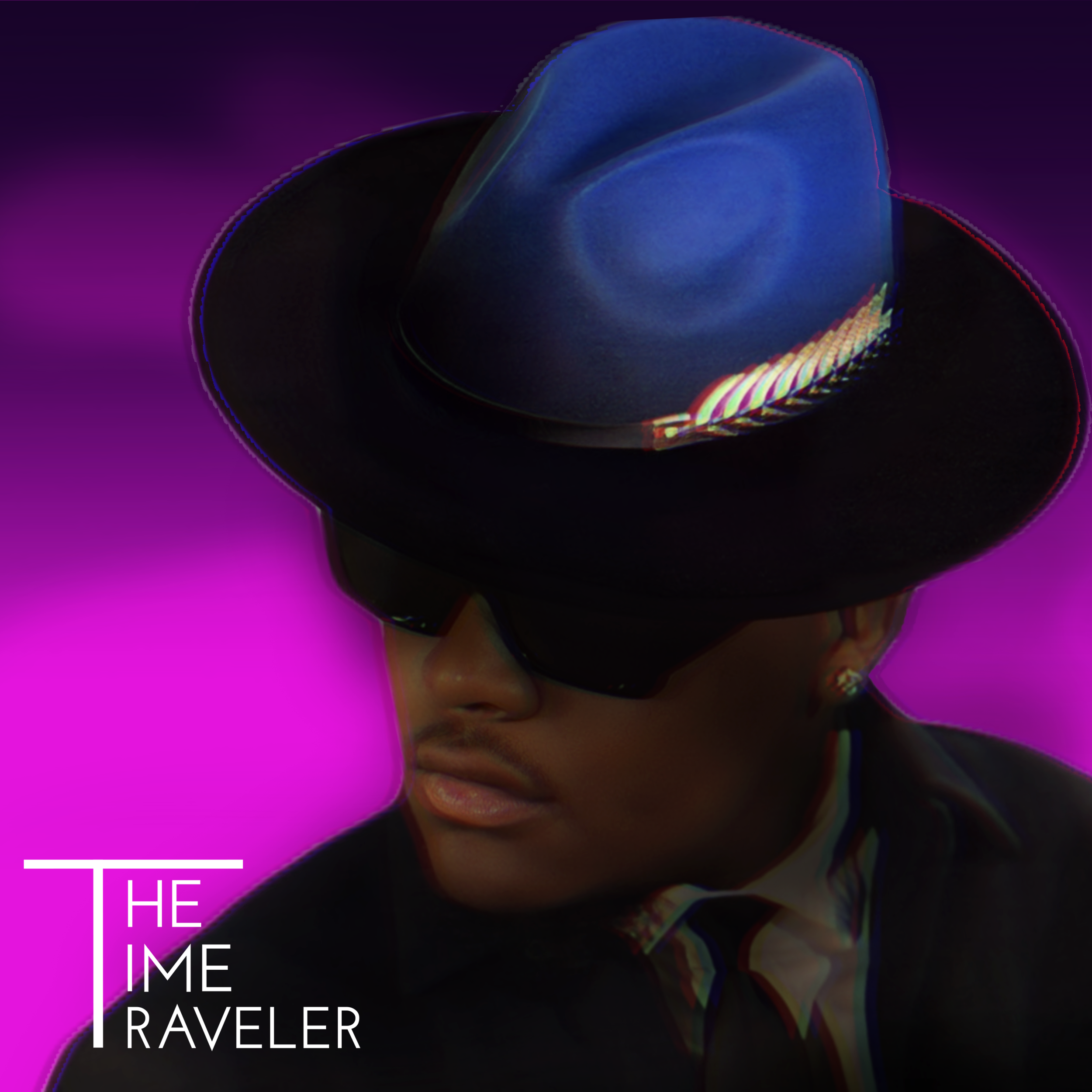 jarrett-Close-up of a person wearing black sunglasses and a dark hat against a vibrant purple background, with some layered text in white that says "The Time Traveler".