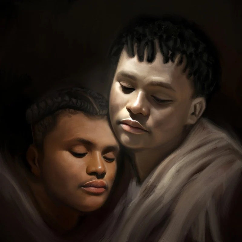 A digital painting of two people with dark hair and medium skin tones, their heads touching and eyes closed, against a dark background.
