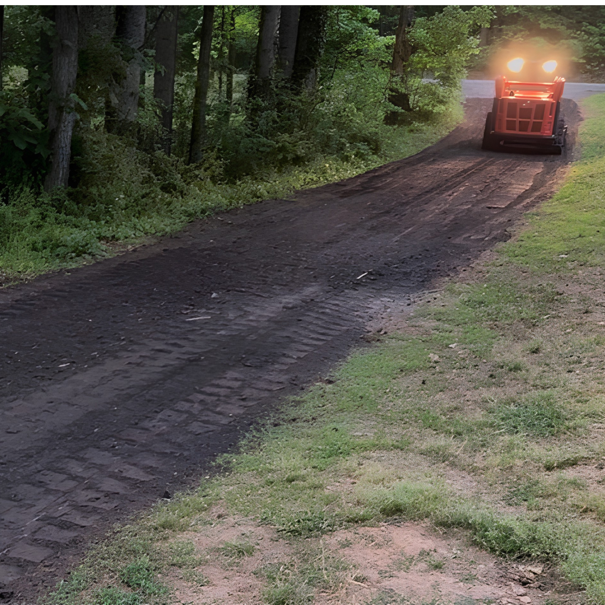 A construction machine with bright lights clearing a dirt path in a forested area, surrounded by tall trees and green foliage.