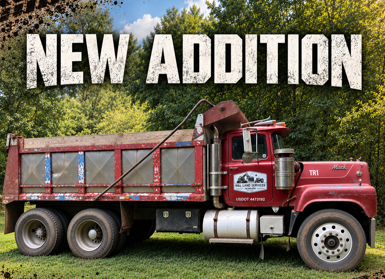 A red dump truck with a wooden bed parked on grass in front of trees, with large white text that says "NEW ADDITION" above it.