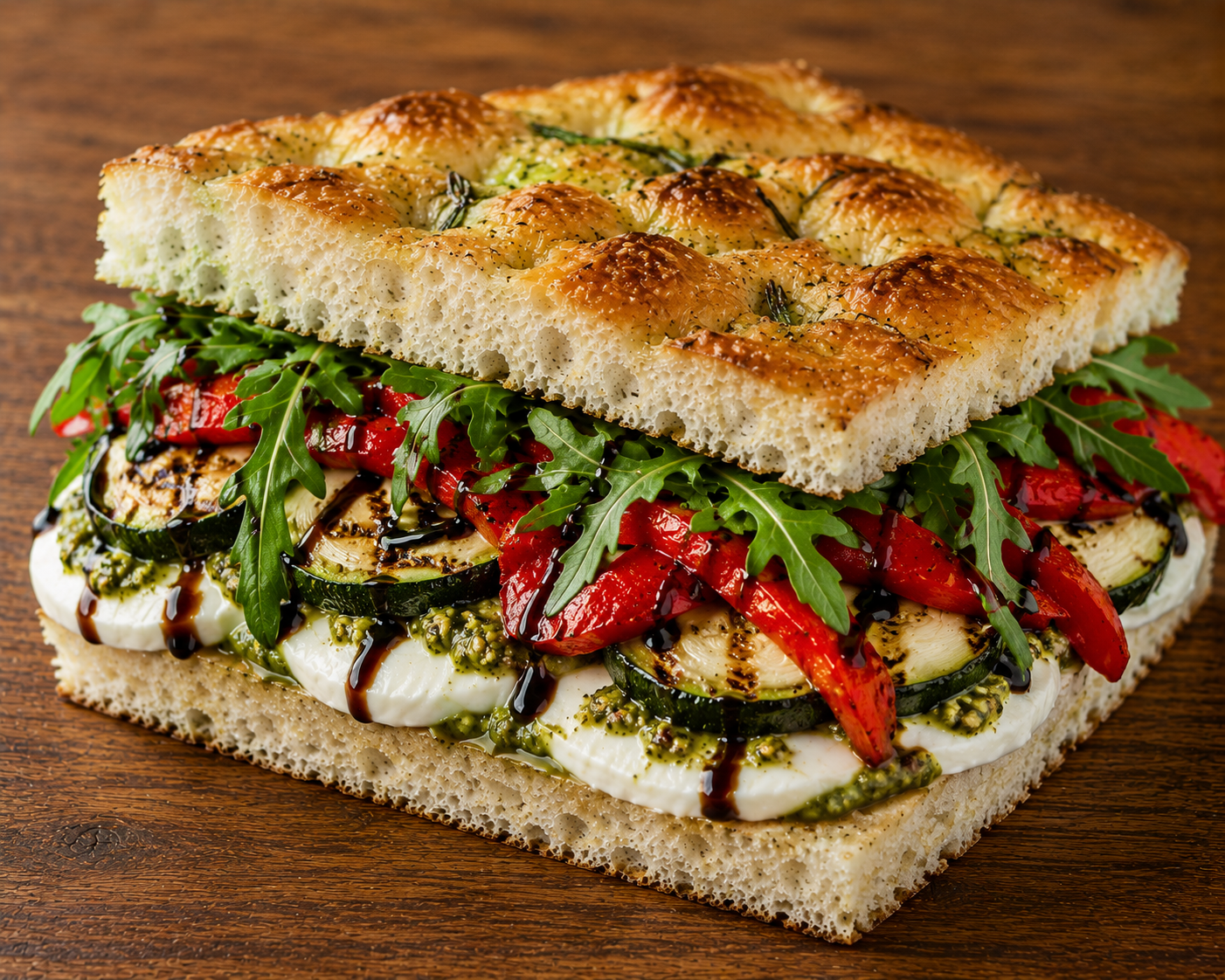 A vegetable sandwich with grilled vegetables, arugula, mozzarella cheese, and balsamic glaze on a rustic wooden surface.