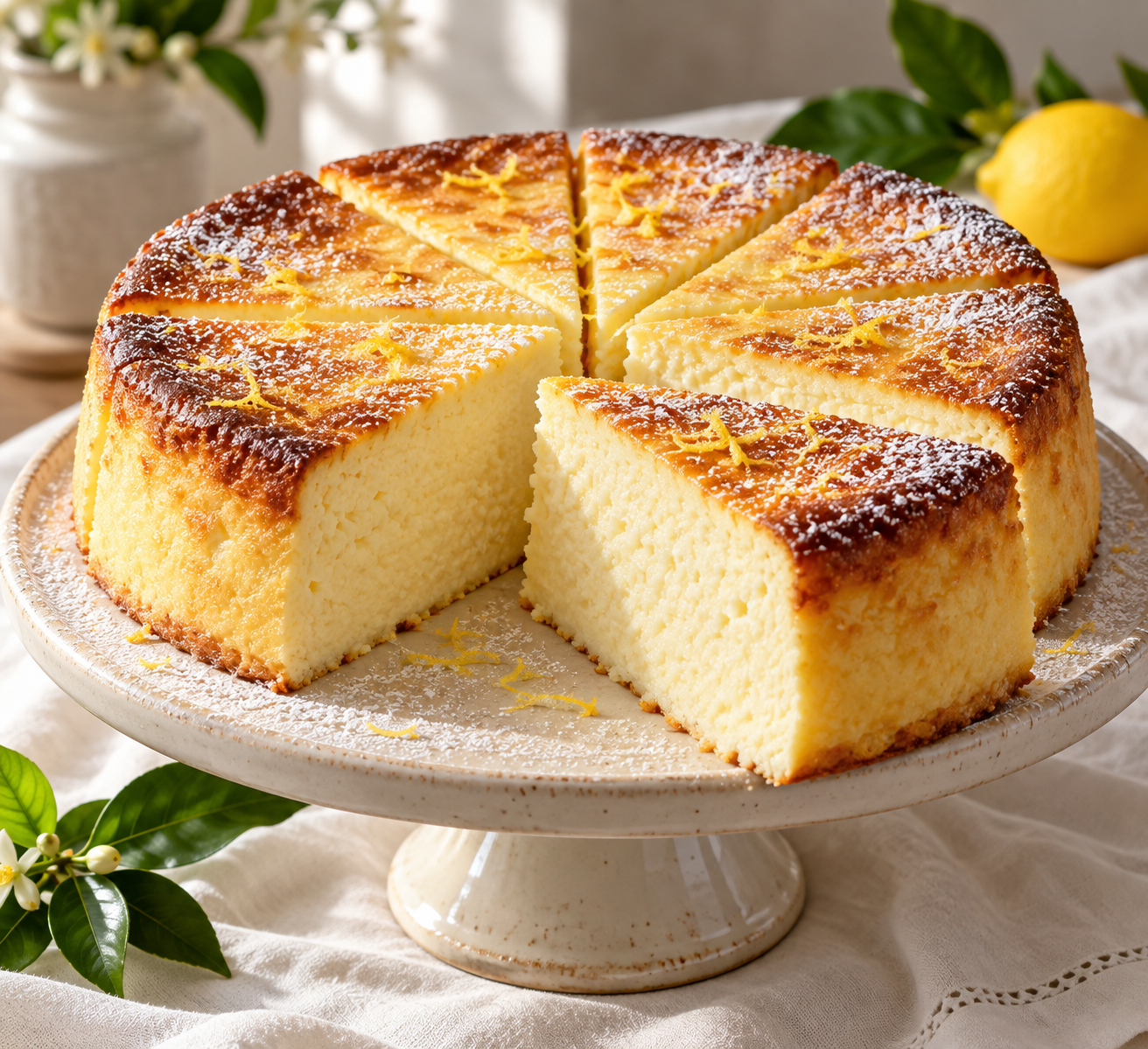 A lemon-flavored cheesecake with a golden-brown top, dusted with powdered sugar and garnished with lemon zest, on a white pedestal cake stand with white flowers and lemons in the background.