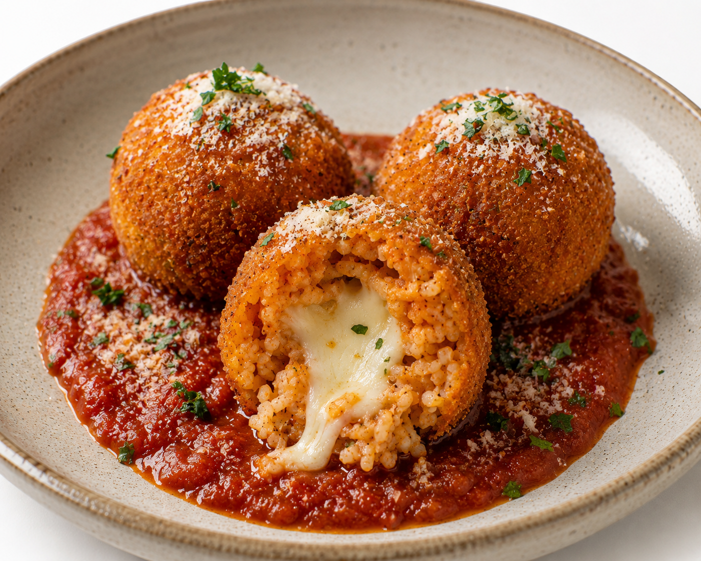 Three arancini (fried rice balls) with melted cheese inside, served on a bed of tomato sauce, garnished with herbs and grated cheese.