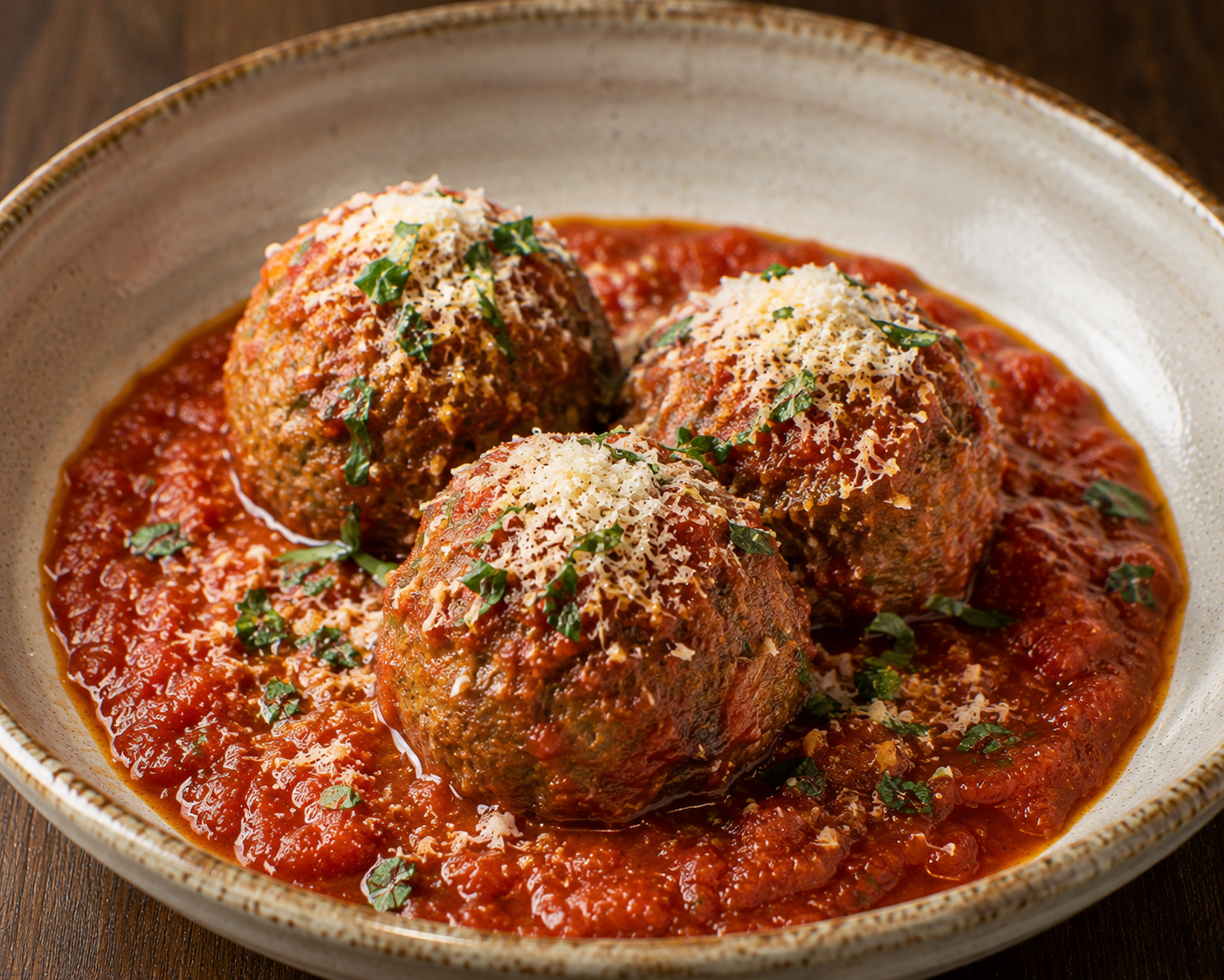 Three large meatballs with grated cheese and chopped herbs in tomato sauce on a beige plate.