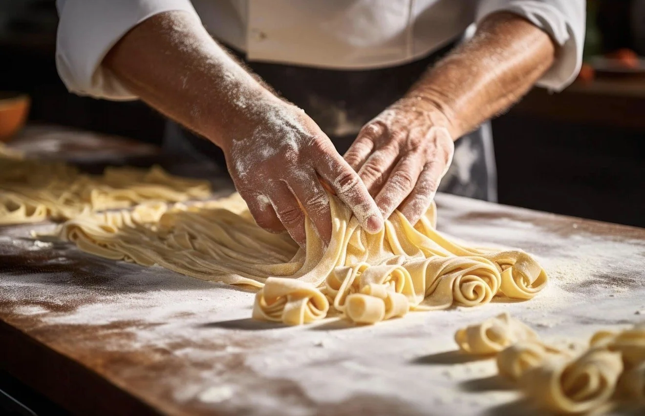Hands folding and layering freshly made pasta on a floured wooden surface.