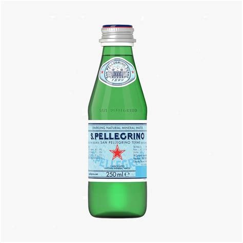 Green glass bottle of San Pellegrino sparkling mineral water with a blue and white label and red star logo.