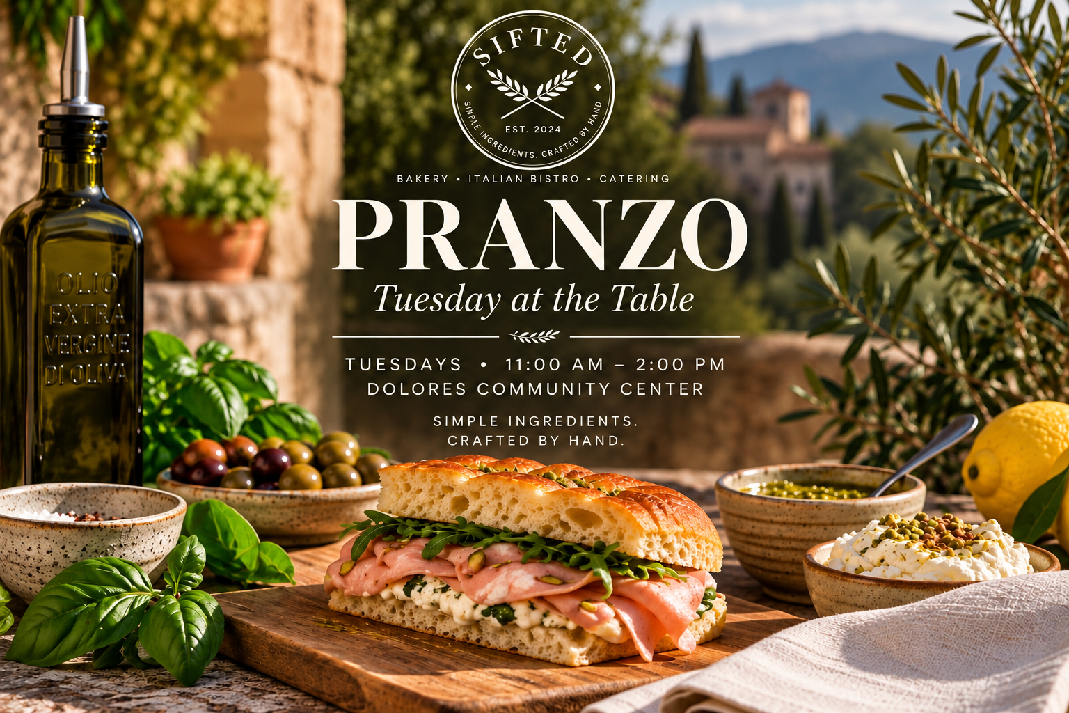 An Italian outdoor meal setting with a sandwich, bowls of olives, whipped cheese topped with herbs, and bowls of pesto and tapenade, with a bottle of olive oil, lemon, and greenery, over a scenic background of trees and buildings.