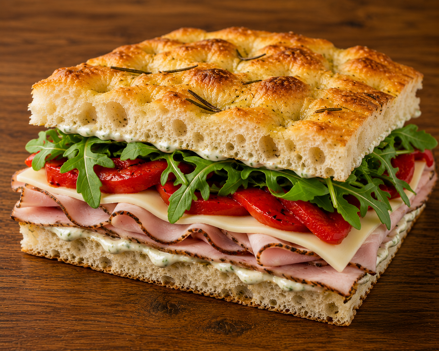 A large square sandwich with layers of ham, cheese, red bell peppers, arugula, and a piece of focaccia bread on top.