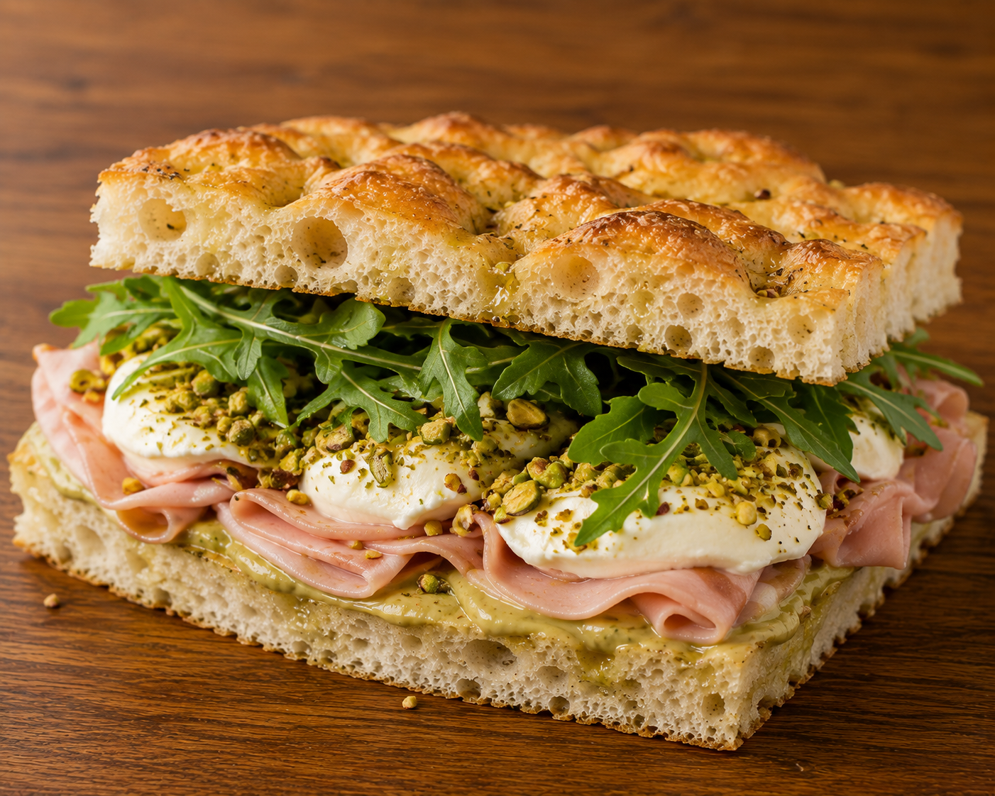 Close-up of a sandwich with focaccia bread, sliced ham, mozzarella cheese, arugula, chopped pistachios, and pesto sauce, on a wooden surface.