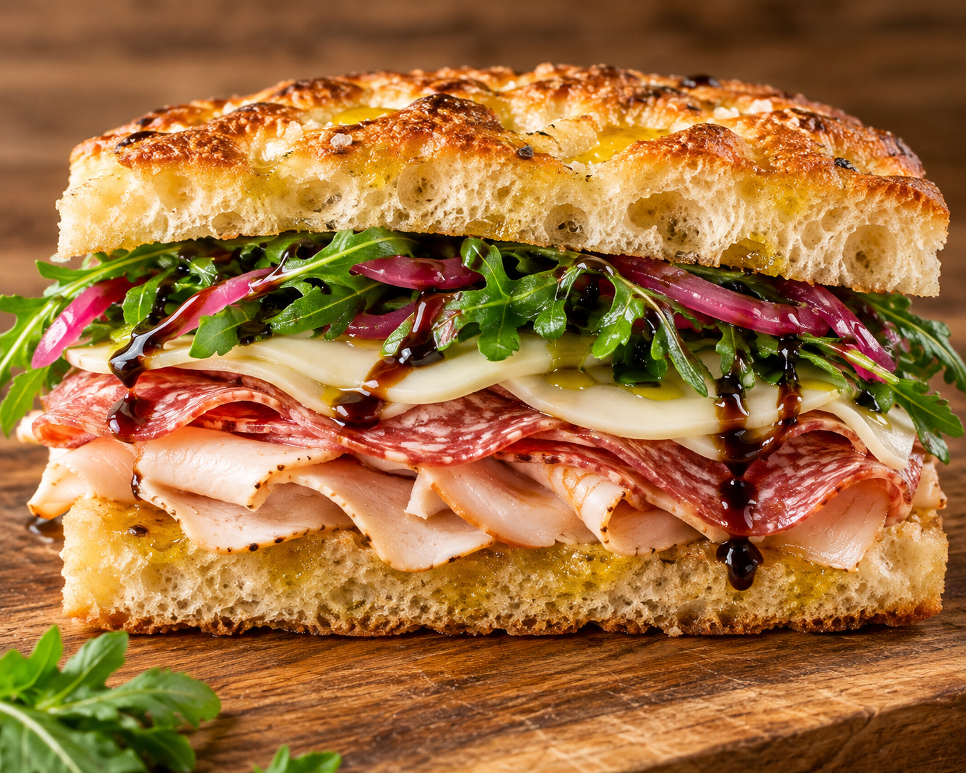 Close-up of a layered sandwich with cured meats, cheese, fresh arugula, red onions, and balsamic glaze in a hollowed-out piece of bread, on a wooden surface.