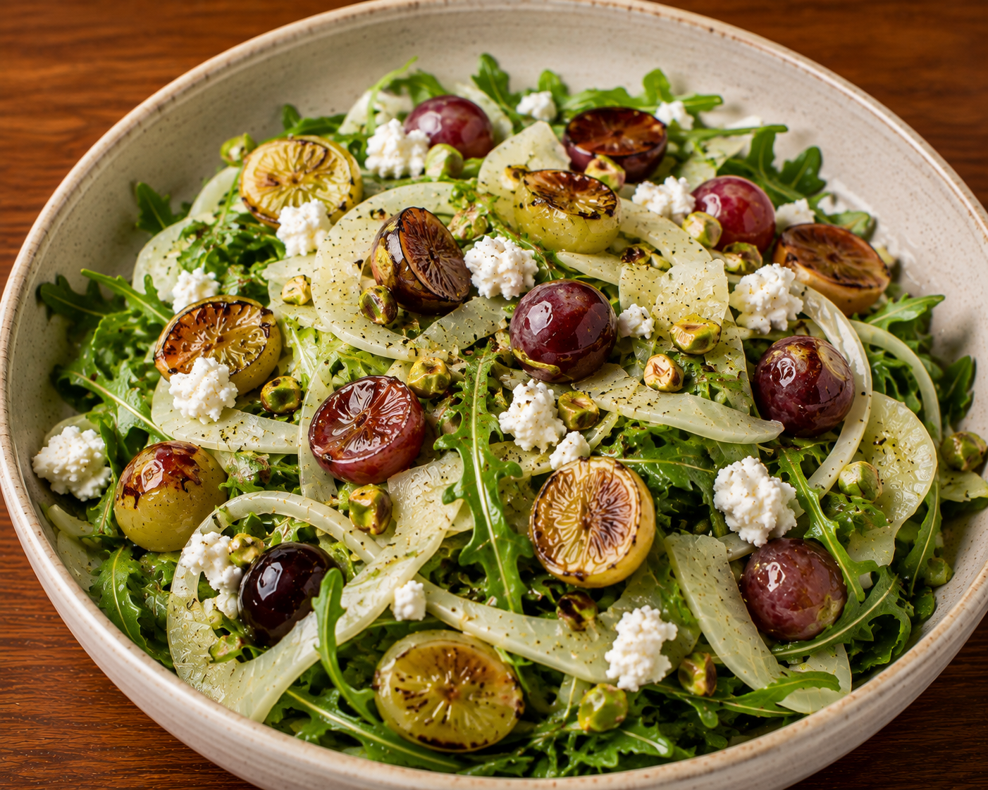 Mixed green salad with dried grapes, feta cheese, and sliced white vegetables on a ceramic plate.