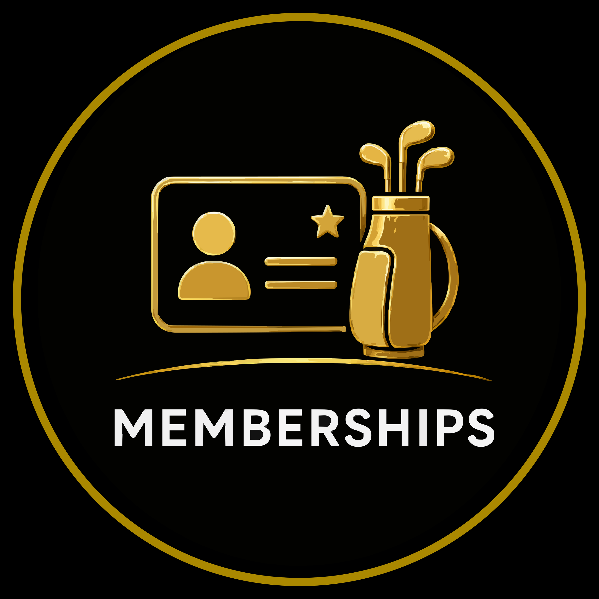 Black background with a gold circular logo containing a hand holding a pencil, a star, and a document icon. The text 'MEMBERSHIPS' is written in white below the logo.