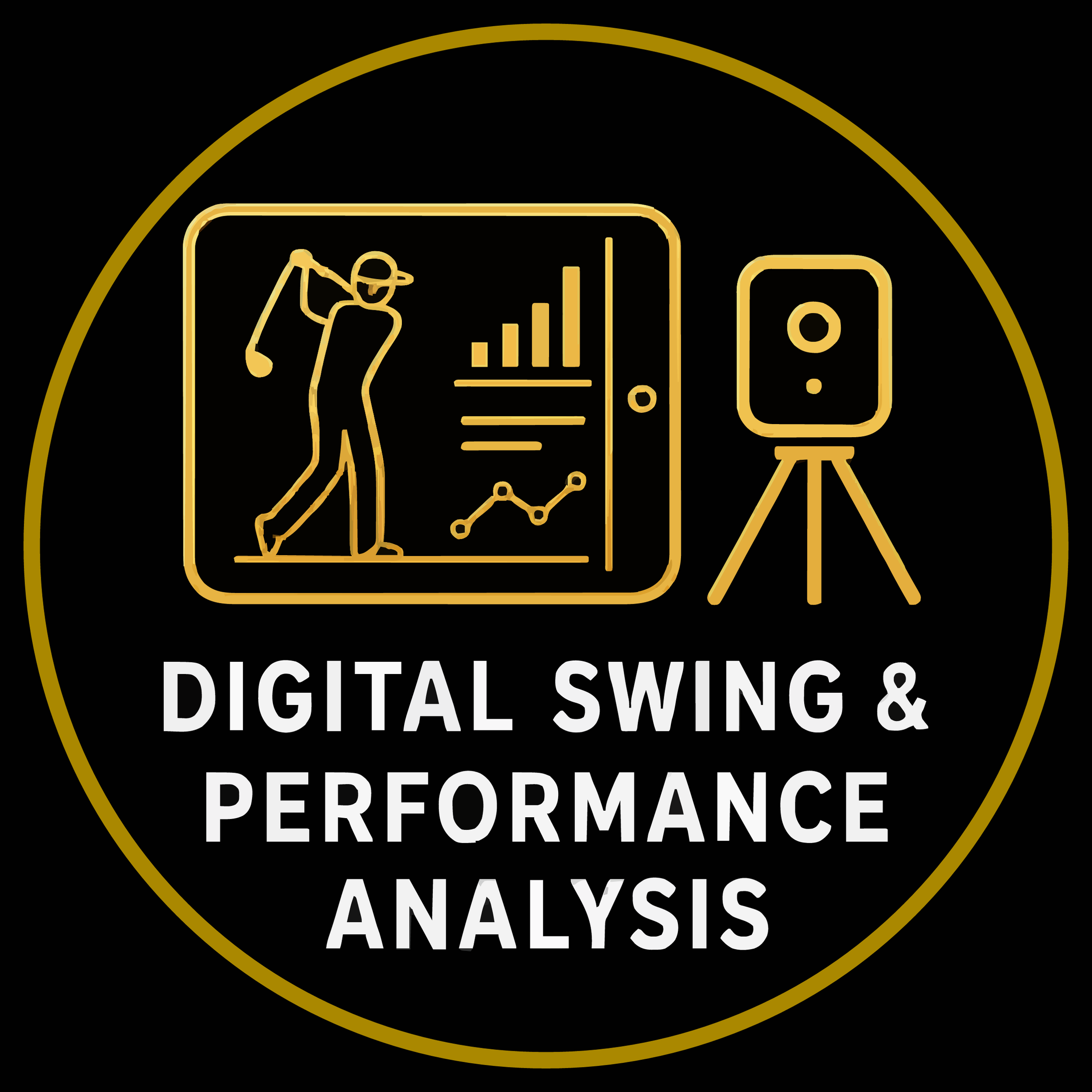 Black circular badge with gold outline and gold icons showing a person holding a megaphone, a smartphone with a bar graph and line chart, a loudspeaker, and the words 'Digital Swing & Performance Analytics' in bold white and gray text.