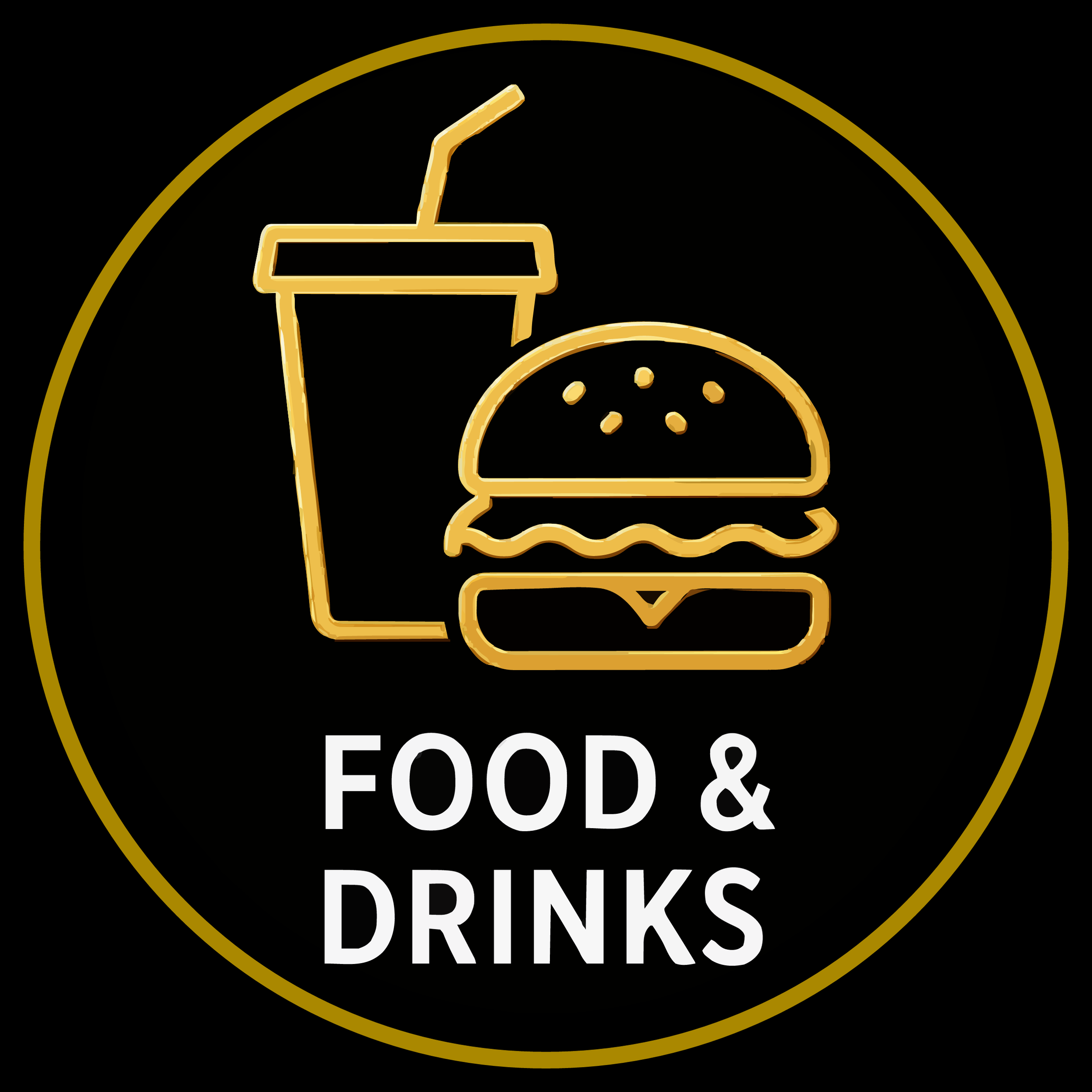 Neon sign with gold outline of a soda cup and a hamburger, with text 'FOOD & DRINKS' on a black background.