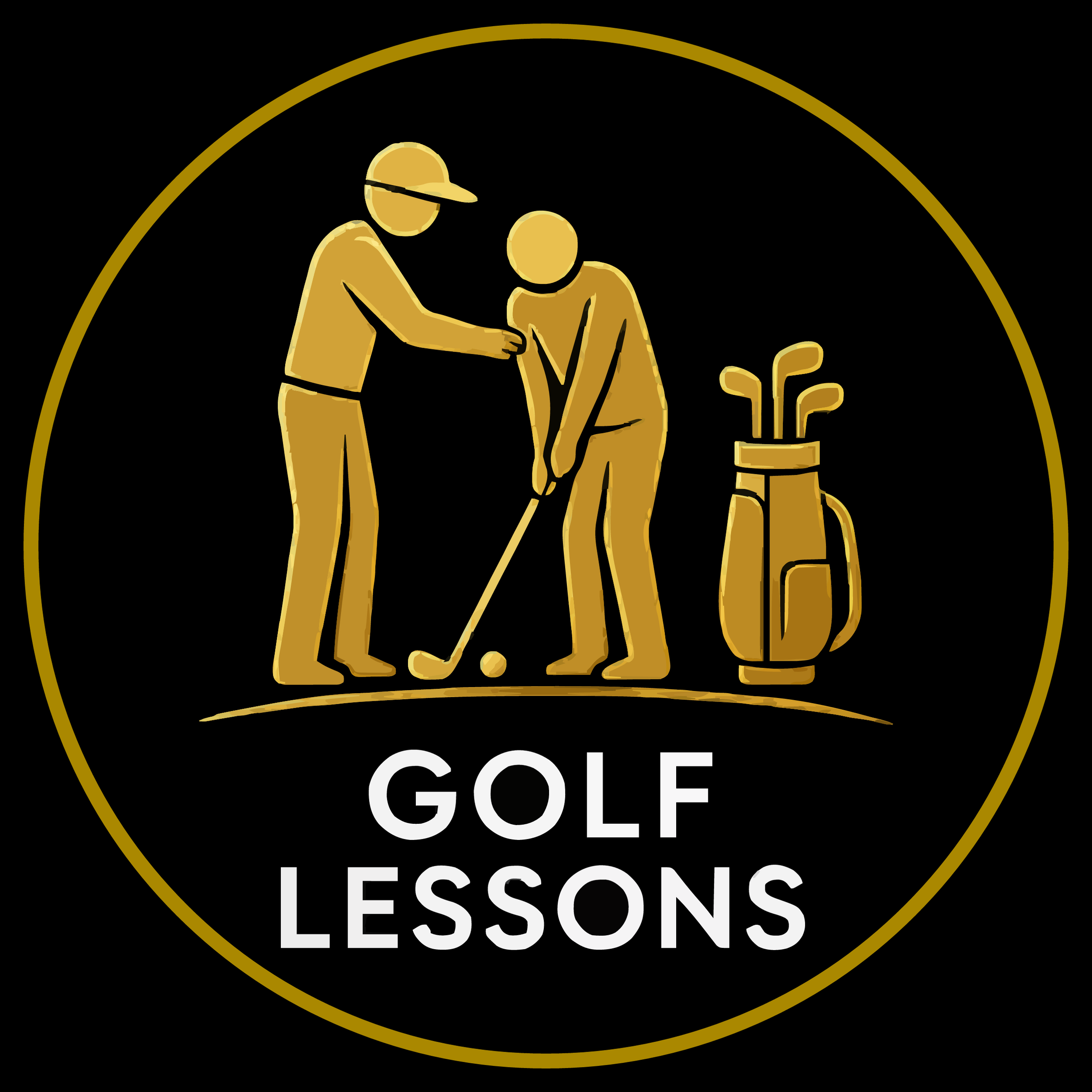 Gold emblem with two figures, one giving a lesson to the other, and a golf club and ball, with text reading 'Golf Lessons' and 'Deco'.