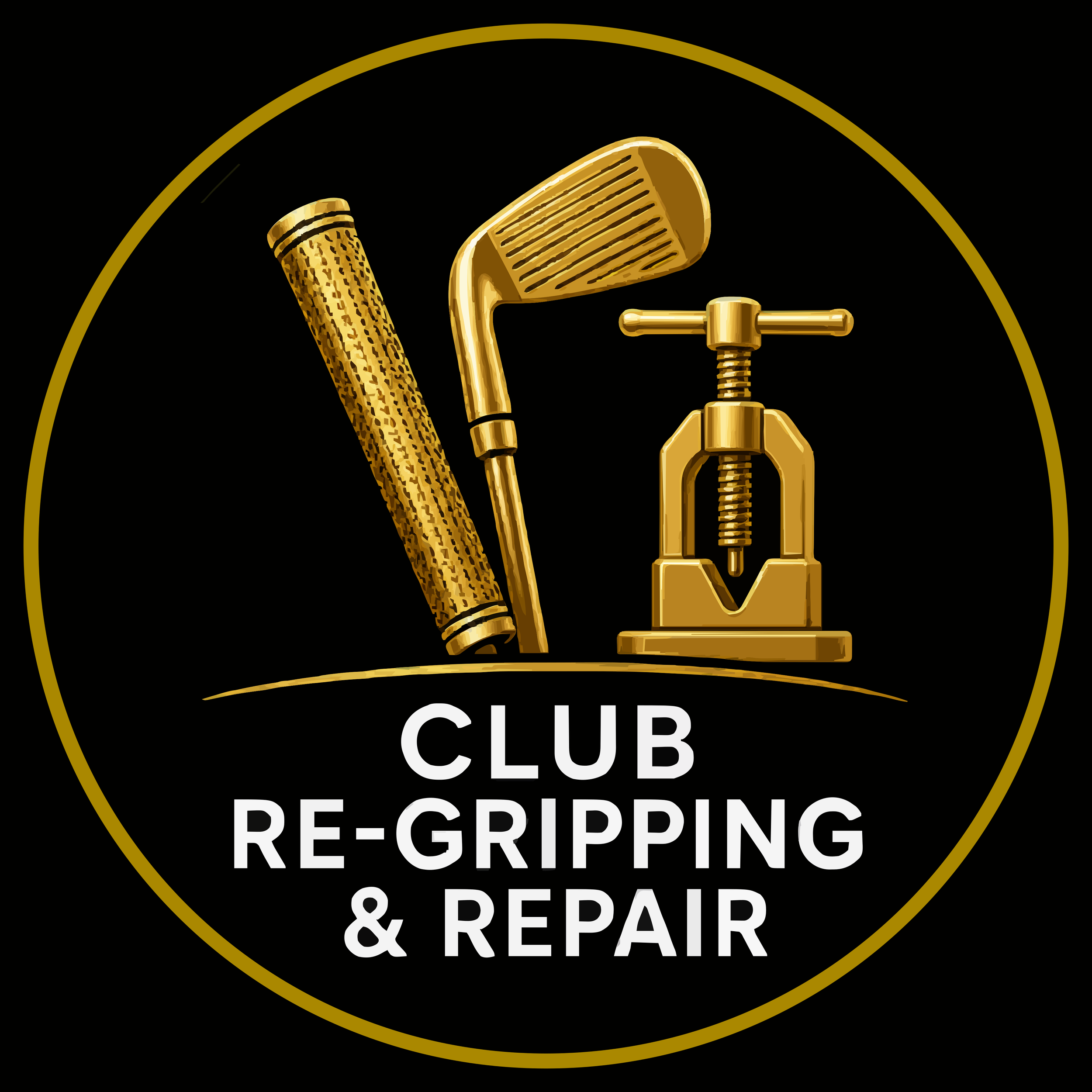 Gold-colored tools including a hammer, wrench, clamp, and screwdriver arranged in a circular design with a black background and gold border, with text indicating a club or group dedicated to re-gipping and repair.