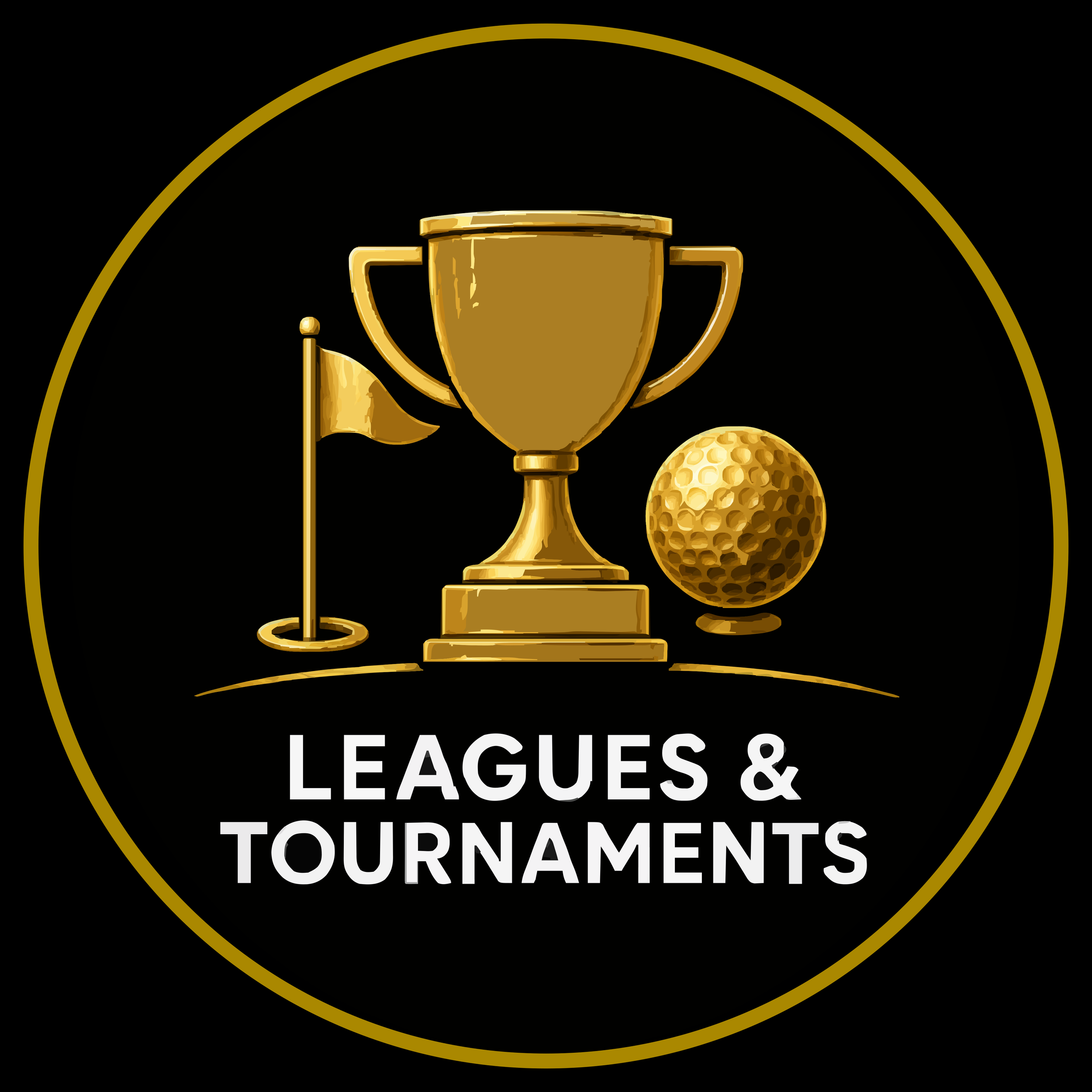 Gold trophy with a flag, golf ball, and the text "Leagues & Tournaments" on a black background with a gold outline.