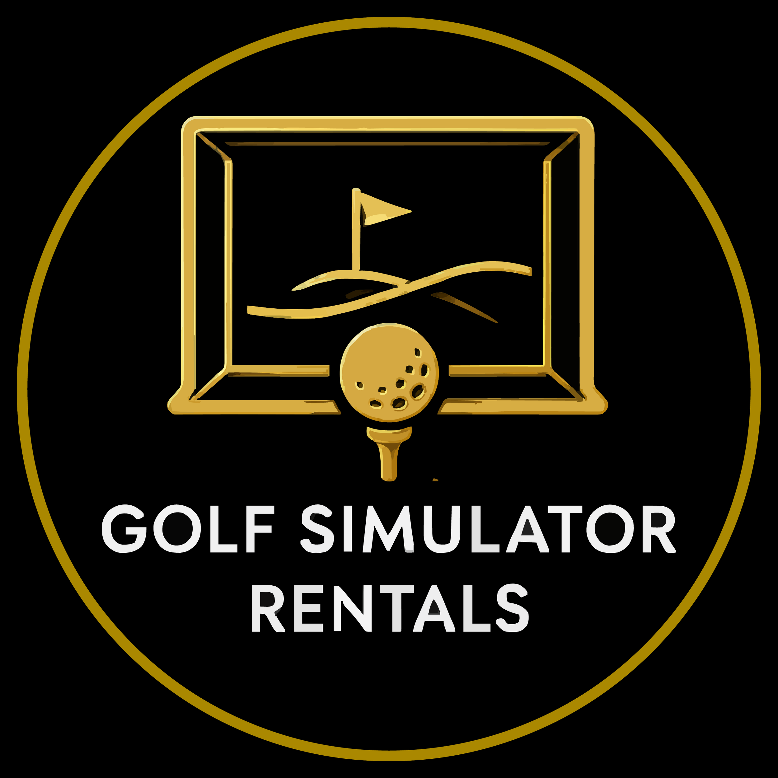 Gold and white logo for a golf simulator and dental rentals company on a black background, featuring a golf ball and a golf club inside a square outline.