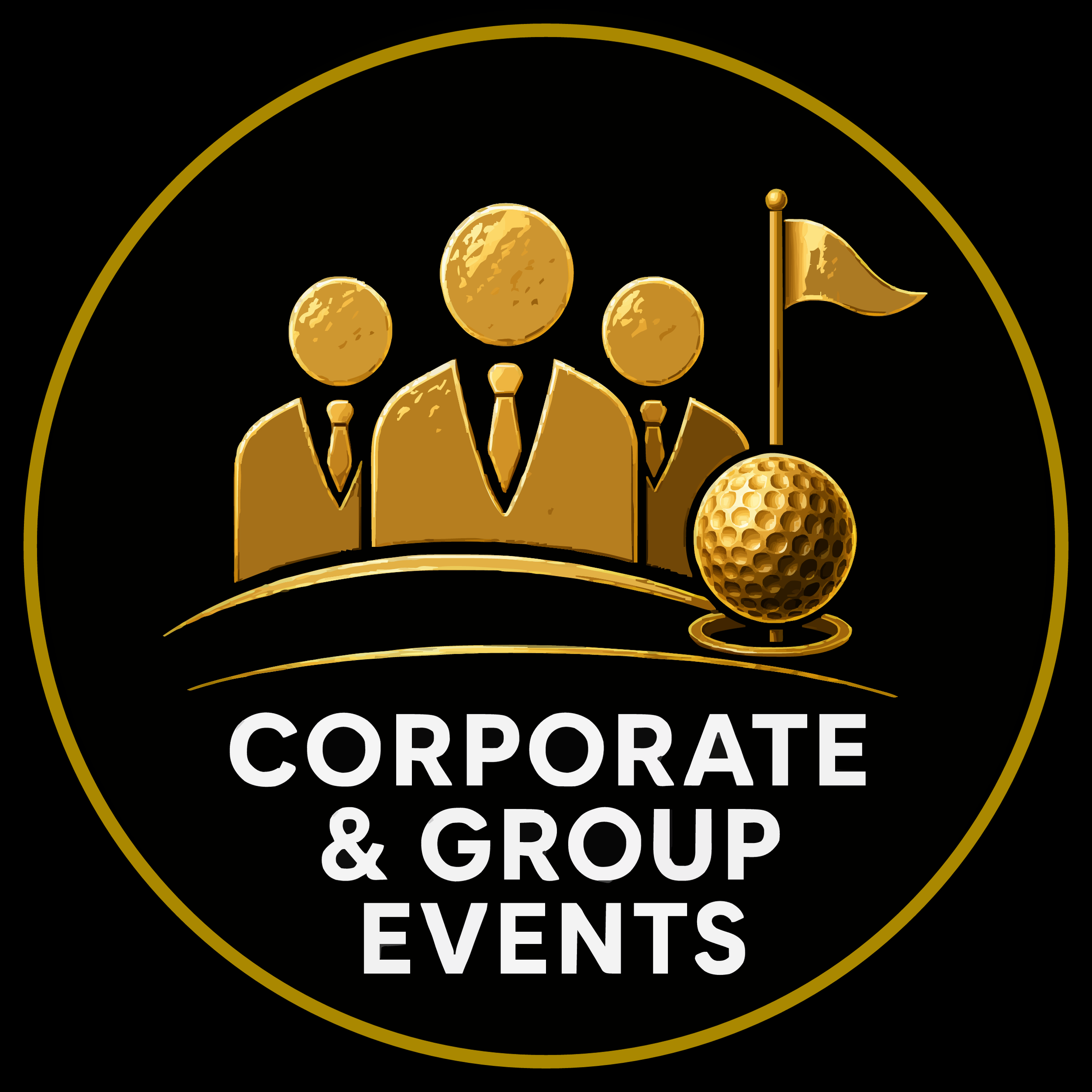 Gold emblem with a microphone and three figures in suits, an American flag, and text that reads 'Corporate & Group Events'.