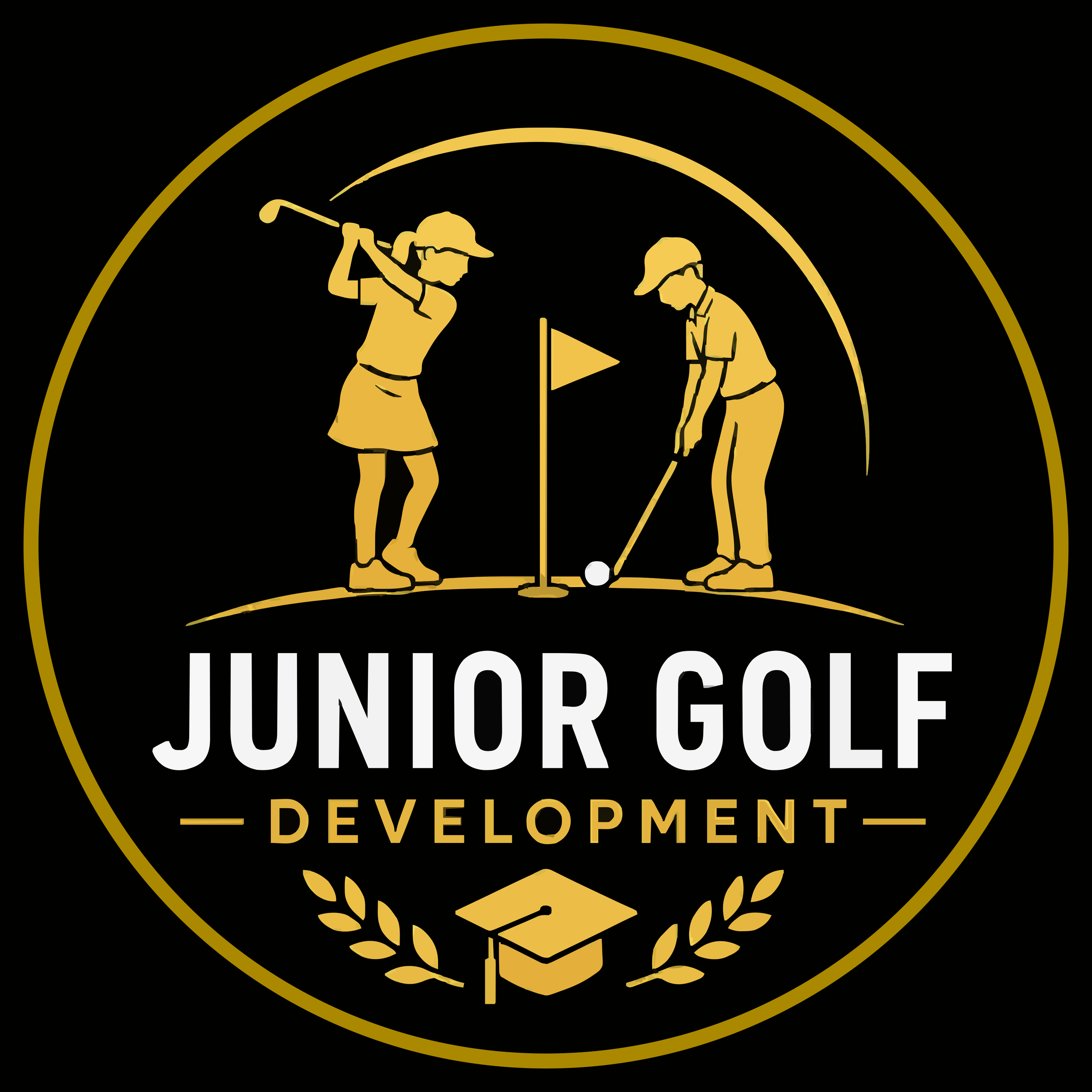 Gold and black logo with a golfer and a caddy holding golf clubs and a golf ball on a tee, with the words 'Junior Golf Development'.