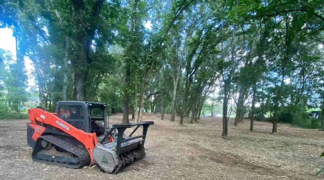 Compact orange and black Kubota tracked tractor in a wooded area with green trees and dirt ground.