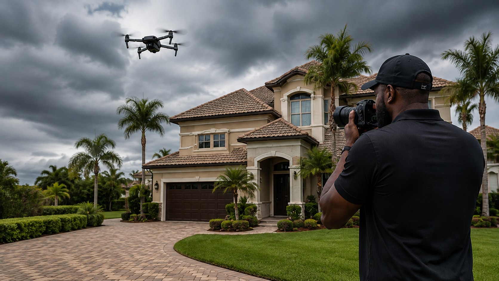 Majestic Vues photographer documenting a Central Florida home with aerial drone coverage before severe weather.