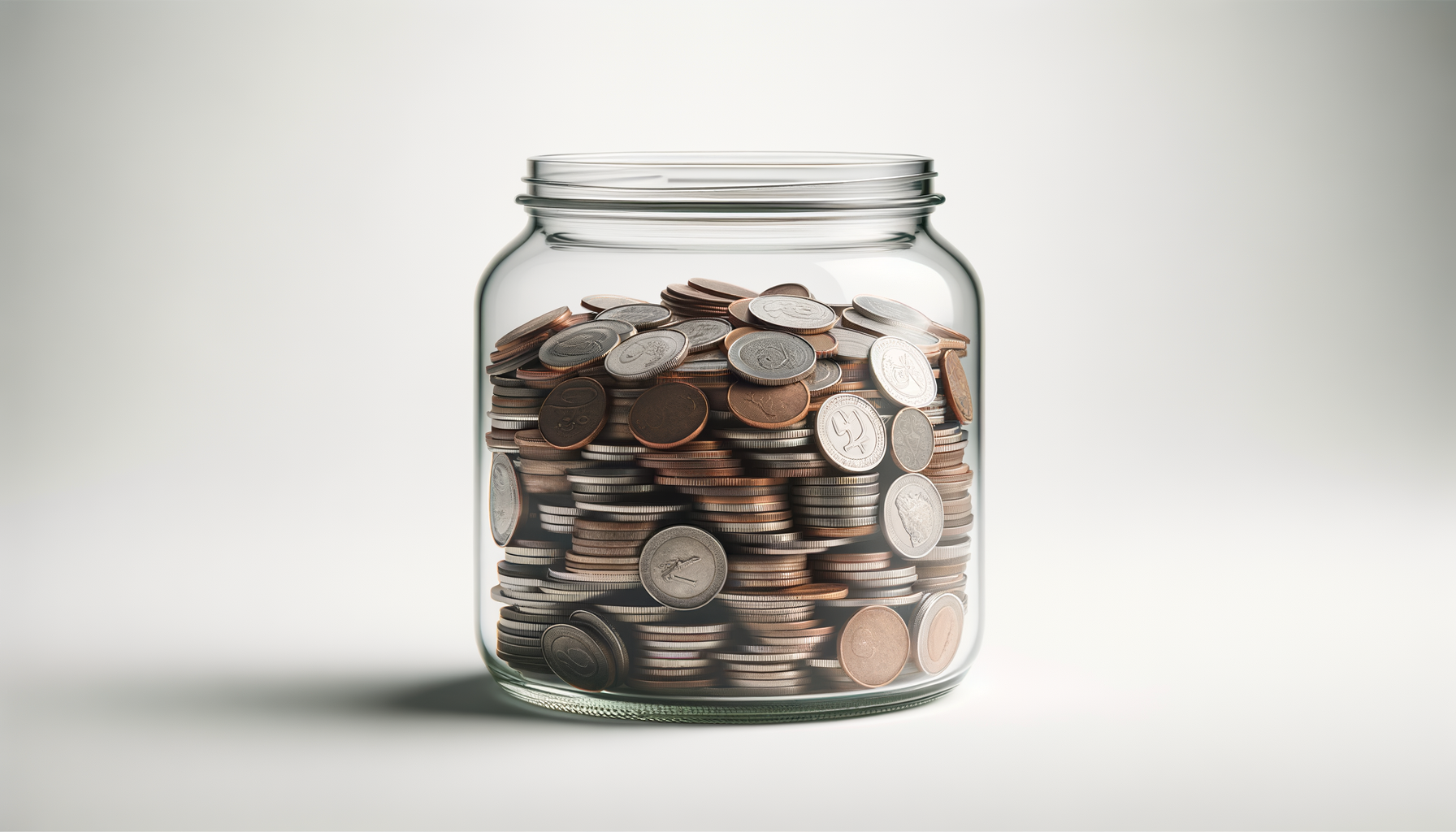 A glass jar filled with various coins, including pennies, nickels, dimes, and quarters, placed on a plain, light-colored background.