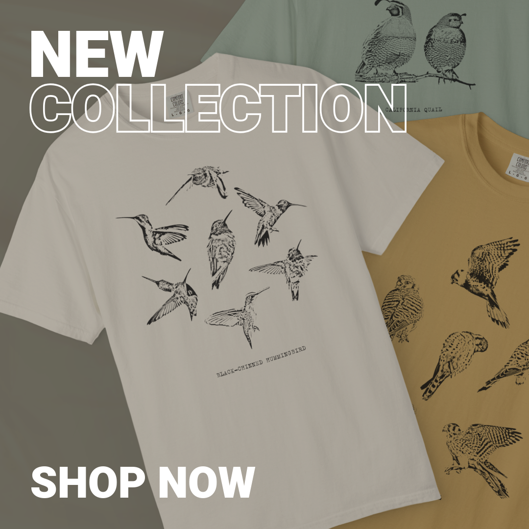 Three T-shirts with bird illustrations, one white with hummingbirds, one yellow with hawks, and one blue with quails, laid out flat.