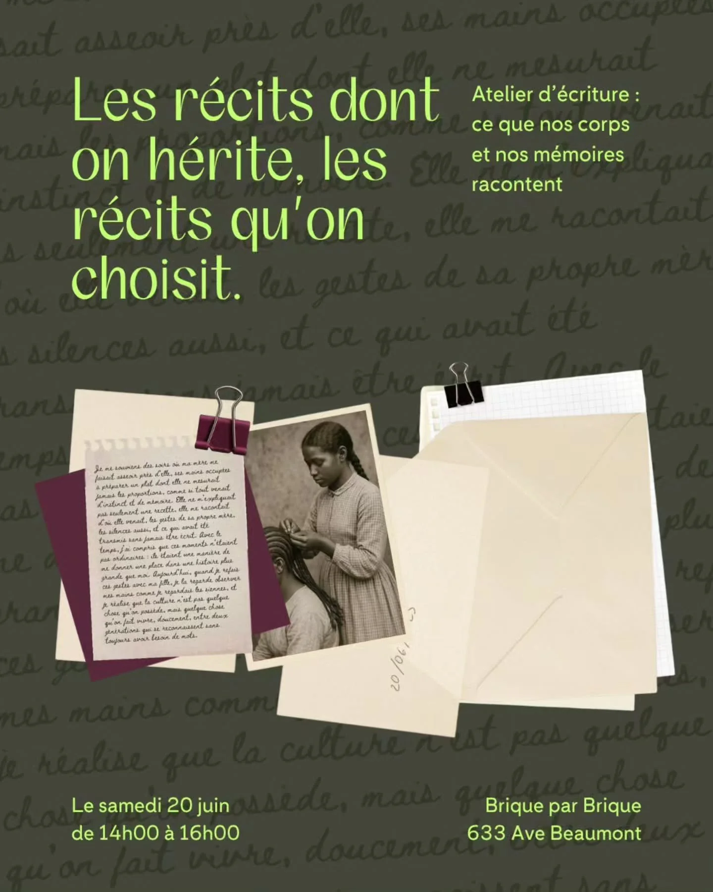 Venez plonger dans votre histoire personnelle et l&rsquo;exploration de soi par l&rsquo;&eacute;criture et l&rsquo;expression orale. Dans un cadre bienveillant et sans jugement, vous explorerez des techniques d'&eacute;criture cr&eacute;ative pour vo