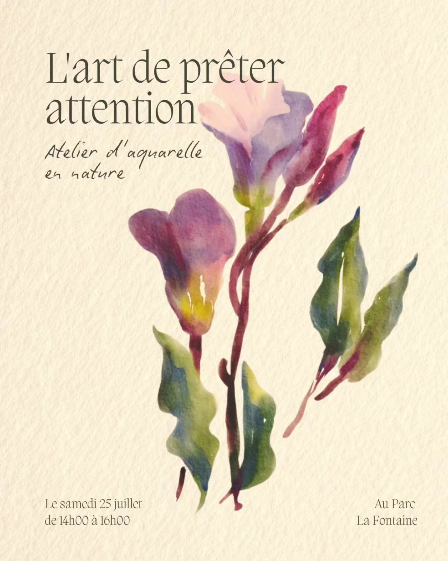 Joignez-vous &agrave; nous pour un atelier cr&eacute;atif en nature, une belle occasion de ralentir, de se laisser inspirer par notre environnement et d&rsquo;explorer librement &agrave; travers la cr&eacute;ation.

Aucune exp&eacute;rience artistiqu