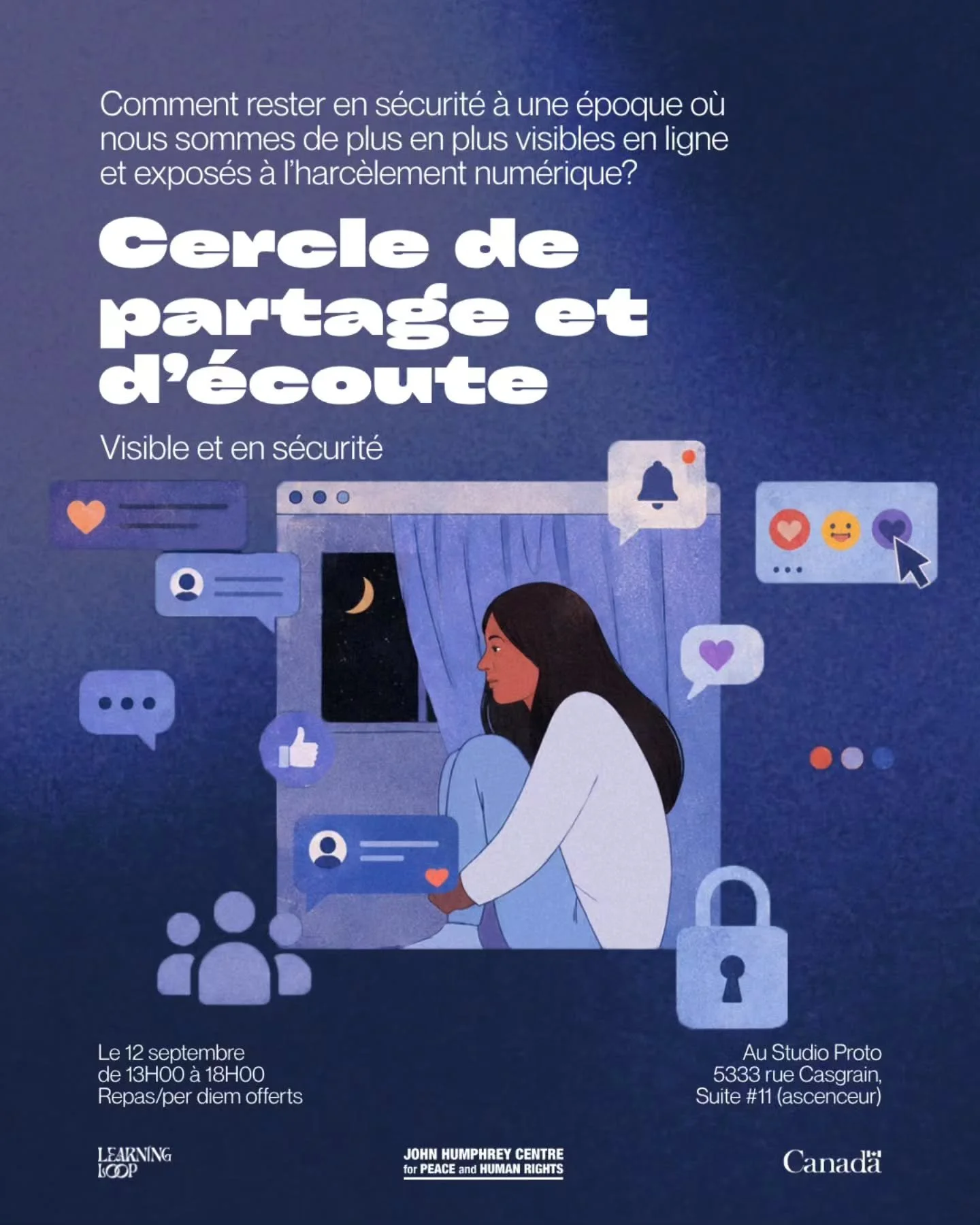 O&ugrave; nous sentons-nous en s&eacute;curit&eacute;, quelles barri&egrave;res rencontrons-nous et de quoi avons-nous besoin pour cr&eacute;er des espaces num&eacute;riques plus inclusifs? 🫂

Joignez-vous &agrave; nous pour un cercle de discussion 