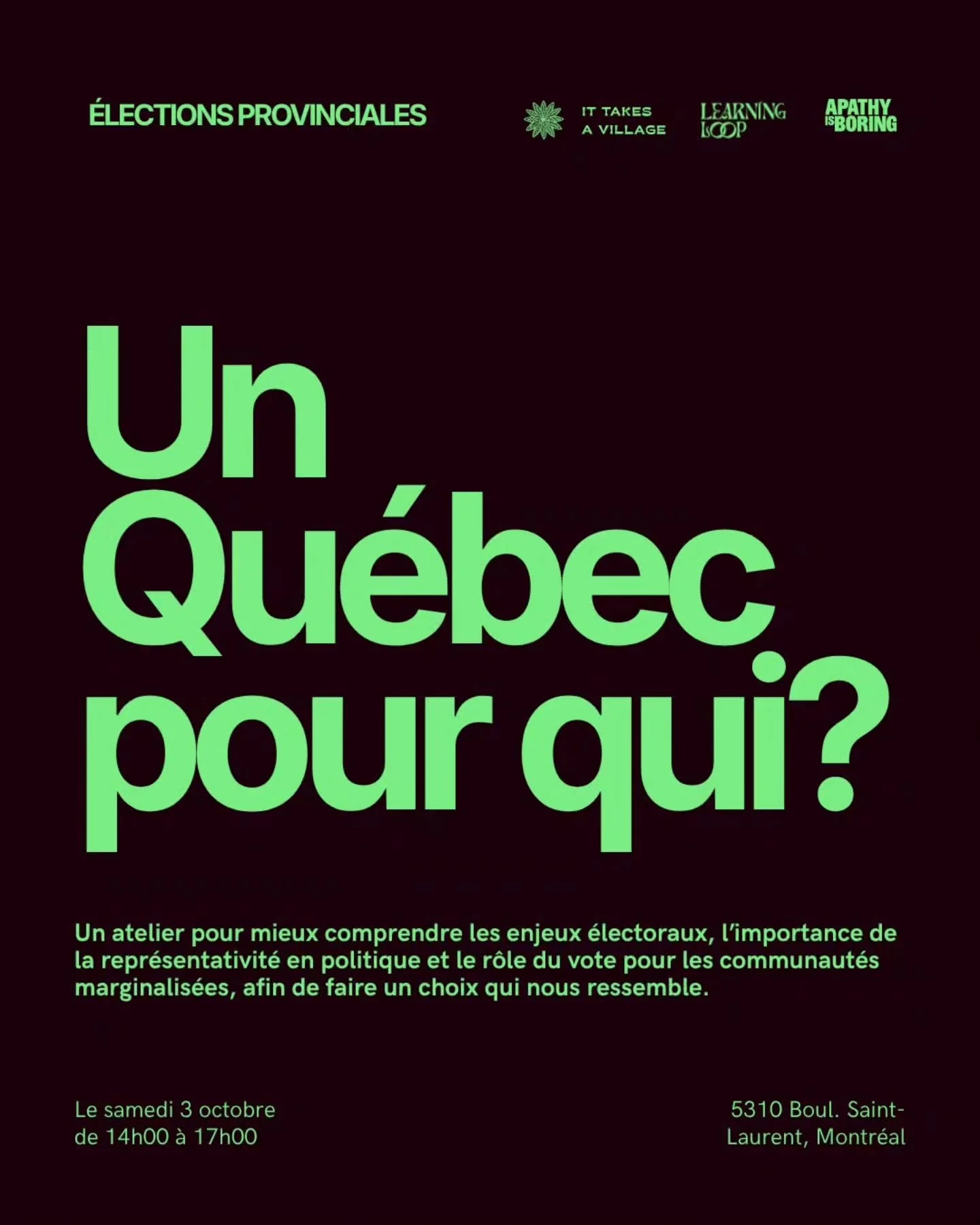 Tu sais pas pour qui voter? Tu te sens overwhelmed par toutes les informations et d&eacute;bats concernant la politique? On cr&eacute;e un espace pour &eacute;changer, r&eacute;fl&eacute;chir et te donner des outils concrets pour une meilleure compr&