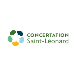 Logo de la Concertation Saint-Léonard avec des icônes colorées en forme de nuages ou bulles entourant le texte.