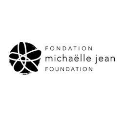 Logo de la fondation Michaëlle Jean, composés d'un symbole noir et blanc et du texte en français et en anglais.