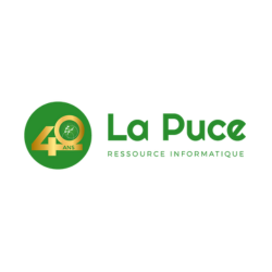 Logo de La Puce, Ressource Informatique, célébrant 40 ans, avec un symbole vert et un texte vert.