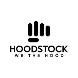 Logo avec une main stylisée en forme de poing, accompagnée du texte « HOODSTOCK WE THE HOOD »