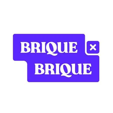 Logo violet avec le texte "BRIQUE BRIQUE" en blanc.