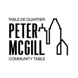 Logo du quartier Peter McGill avec une représentation stylisée de bâtiments et le texte en français et en anglais.