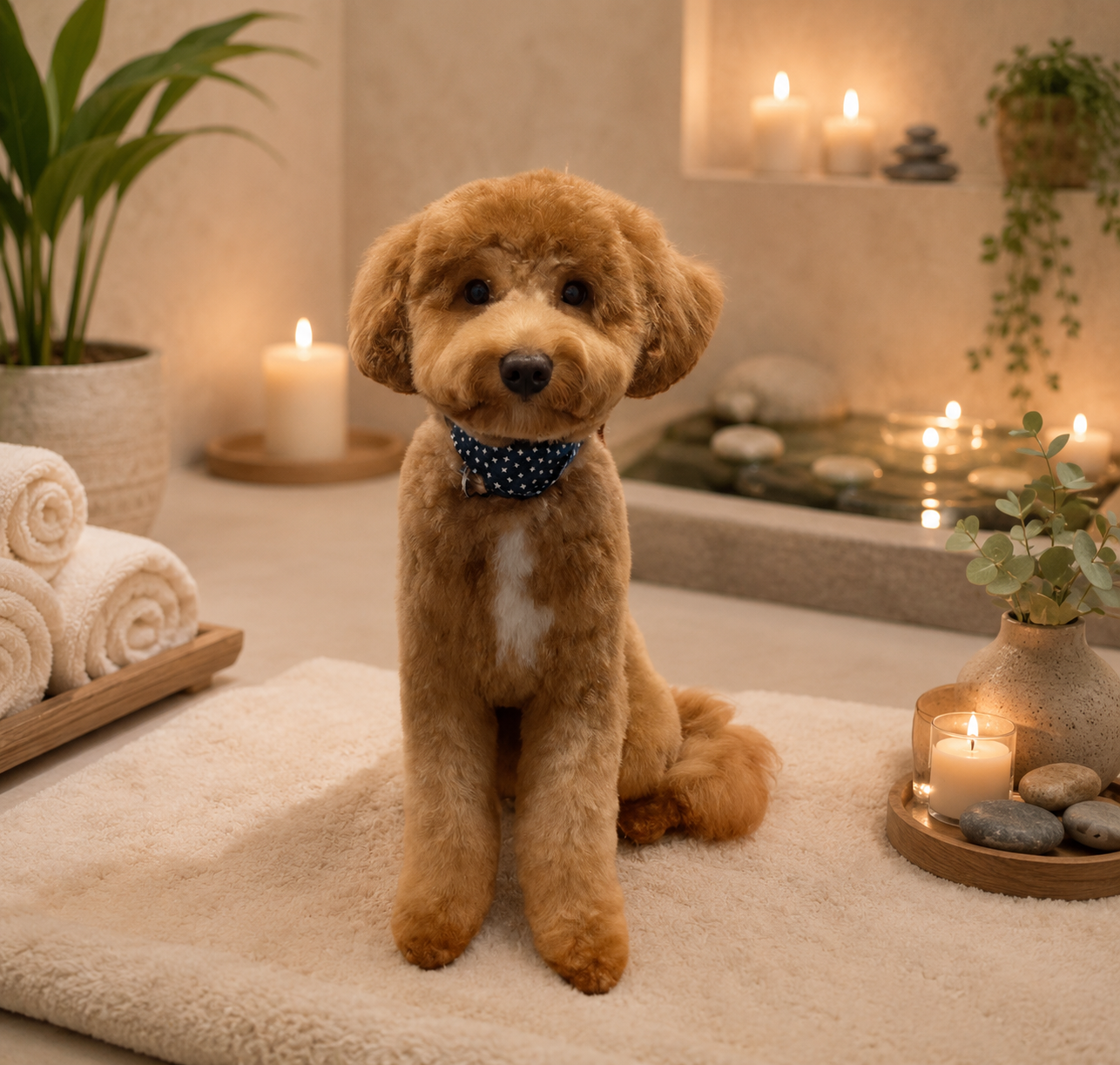 A cute brown dog with fluffy fur sitting on a soft white rug in a cozy room with candles and decor.