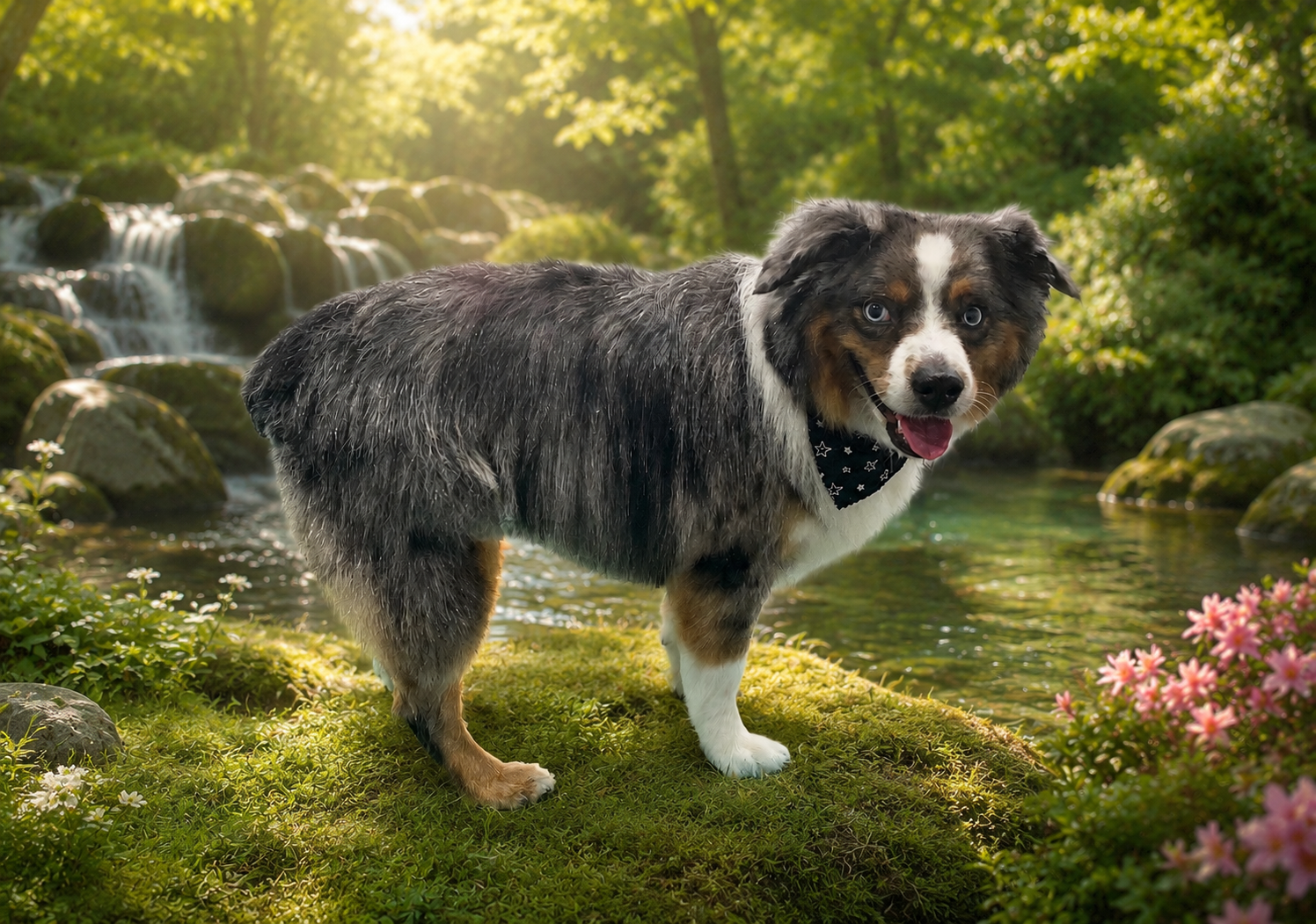 An Australian Shepherd dog with wet fur standing on mossy ground near a stream with rocks and pink flowers, in a lush green forest setting with sunlight filtering through the trees.