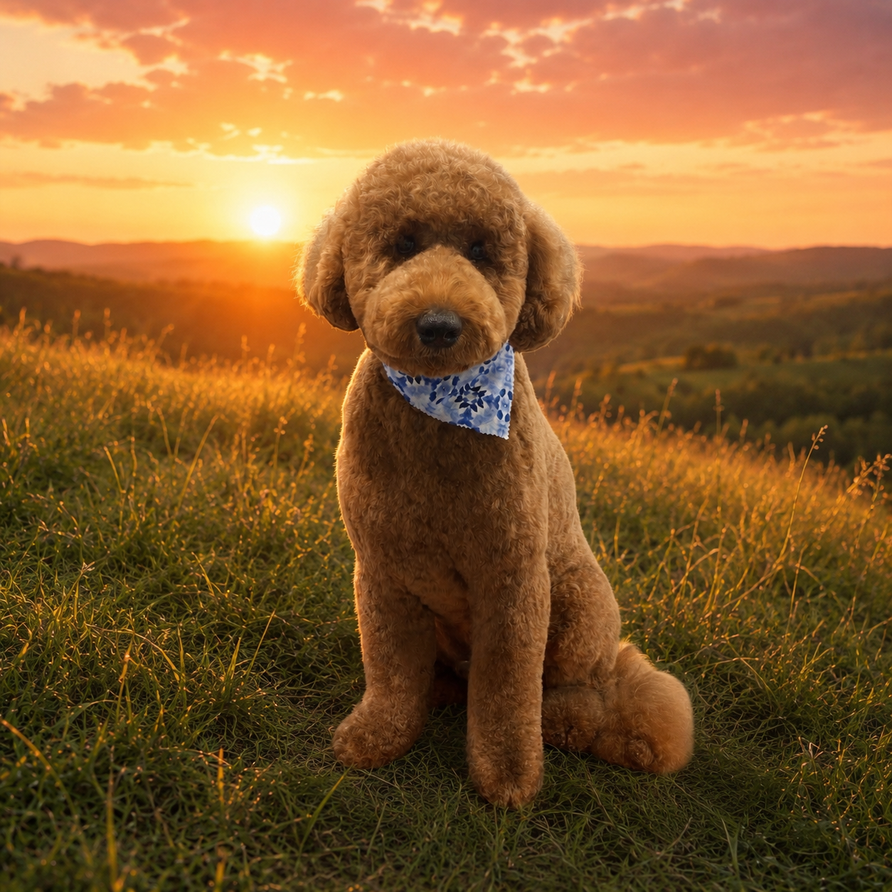 A cute brown poodle puppy with a blue floral bandana sitting in a grassy field during a sunset, with rolling hills in the background.
