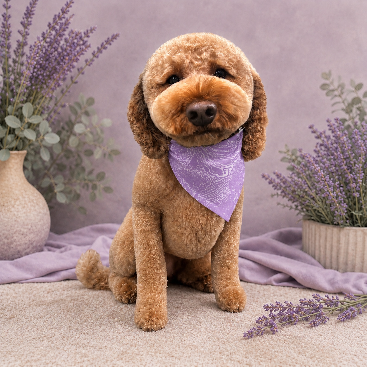 A cute dog with curly fur, wearing a purple bandana, sitting on a soft surface with lavender flowers and vases in the background.