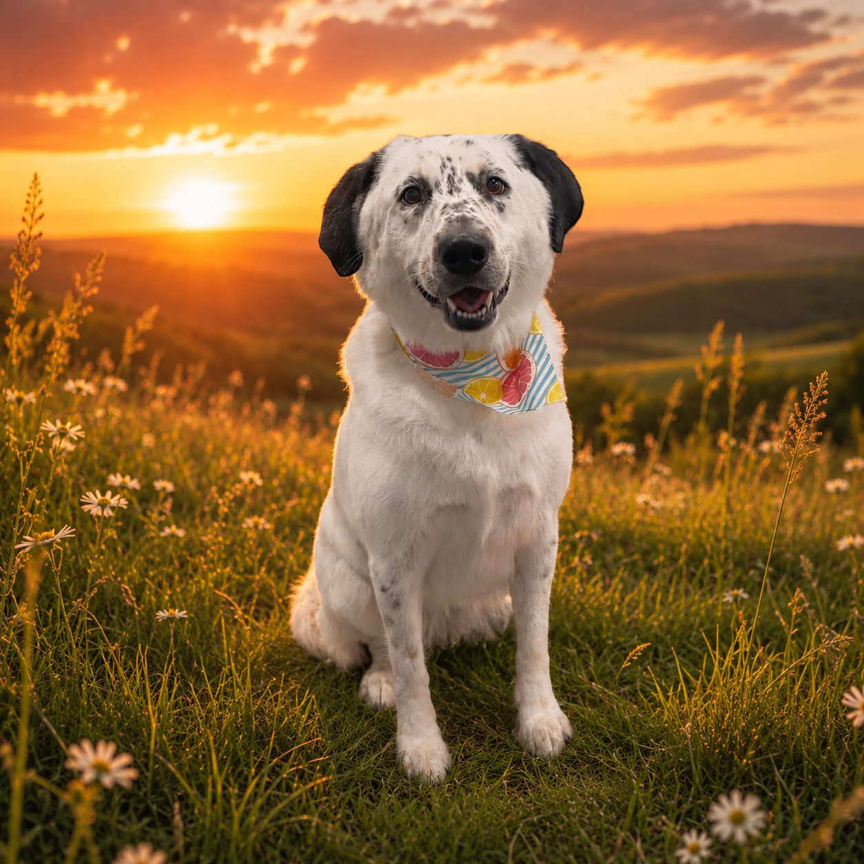 A happy dog with a multicolored bandana sitting in a field of daisies during sunset.